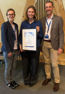 2026 Bruker Thesis Prize: LtoR: Chair Emma Richards, Winner Dr Annemarie Kehl and Bruker EPR Business Line Manager Frédéric Jaspard